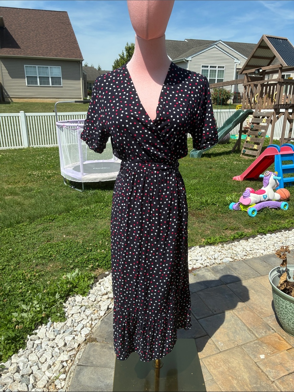 Zara Black Midi Dress with Pink and White Polka Dots